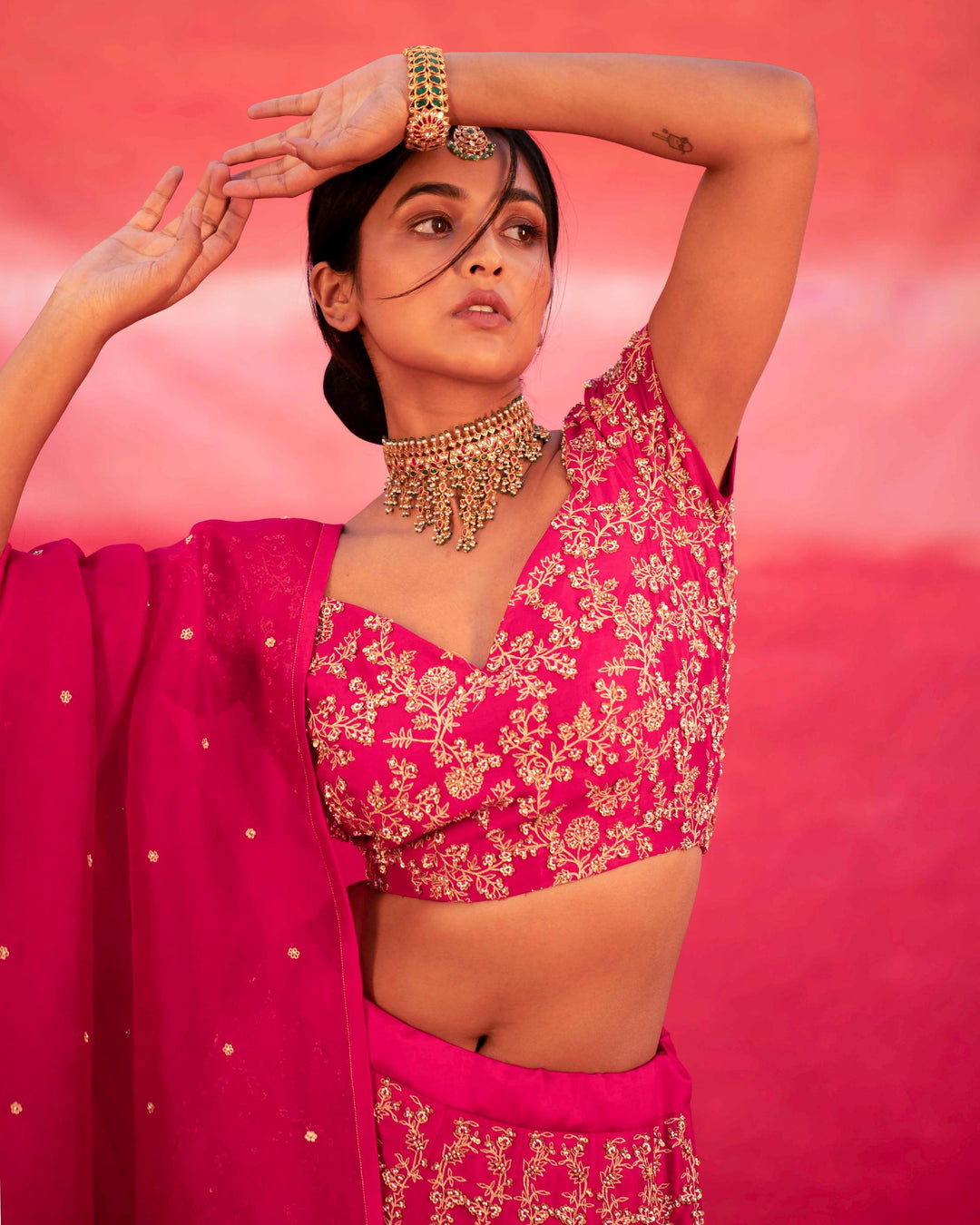 pink hand embroidered kalli lehenga set