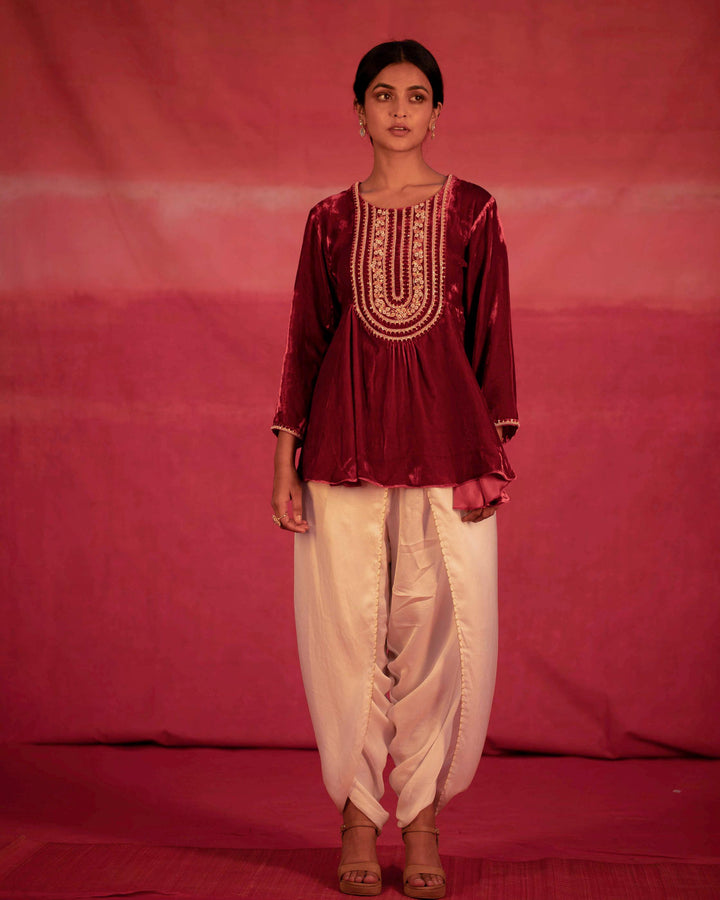 red yoke hand embroidered peplum and dhoti pant