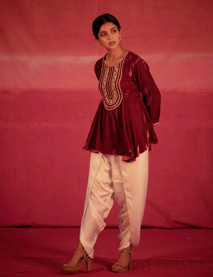 red yoke hand embroidered peplum and dhoti pant