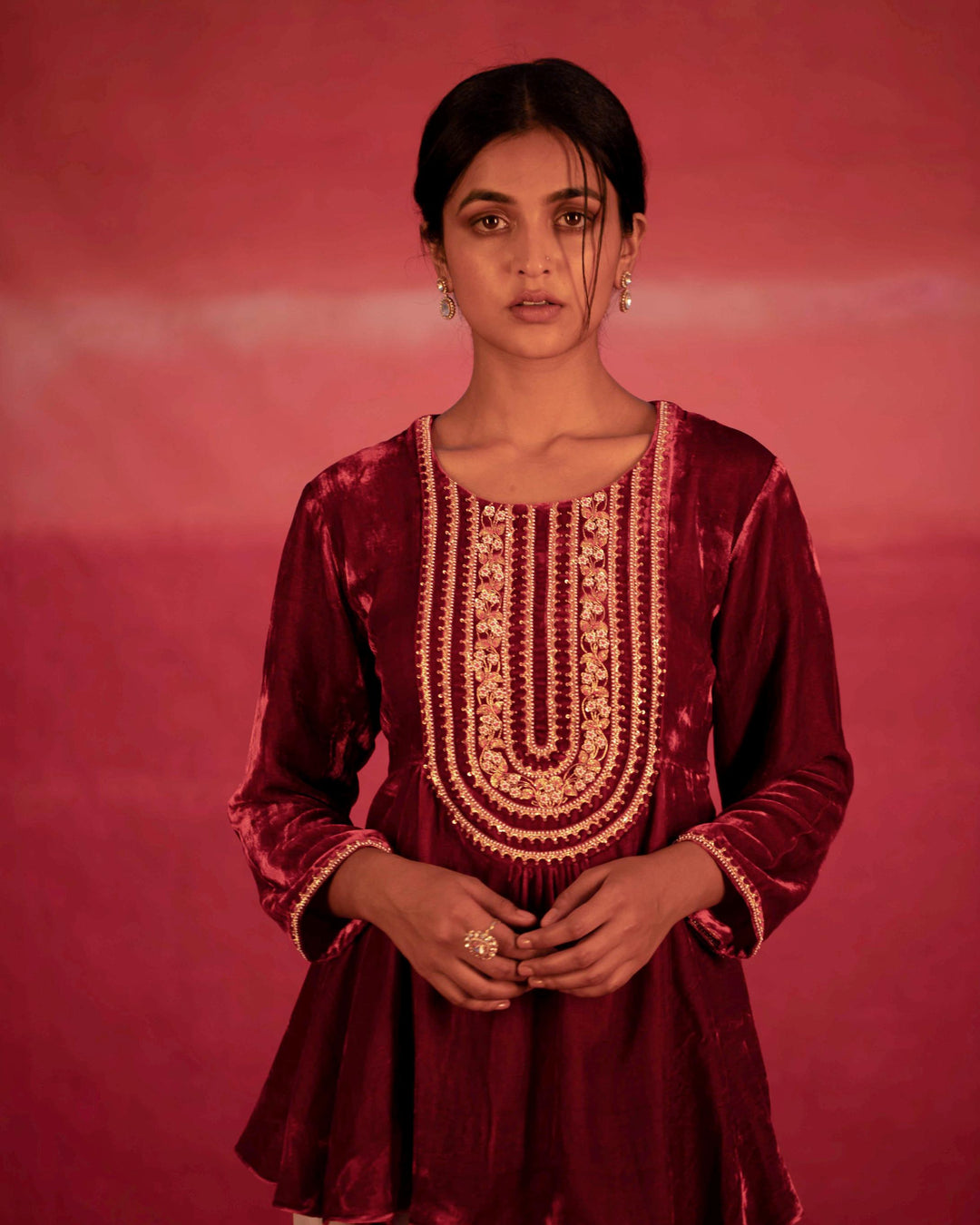 red yoke hand embroidered peplum and dhoti pant