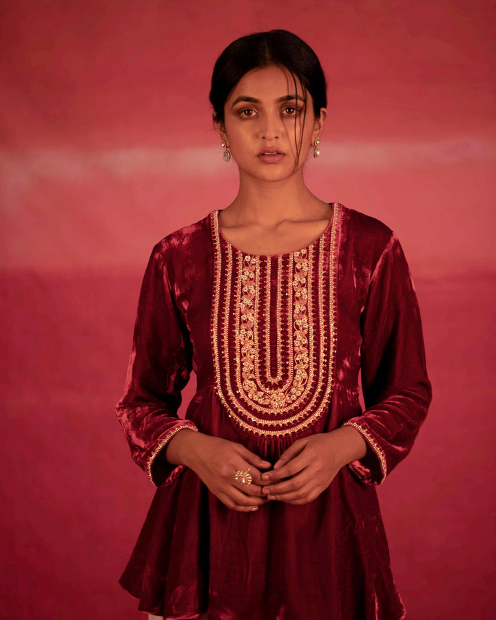 red yoke hand embroidered peplum and dhoti pant