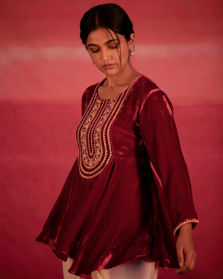 red yoke hand embroidered peplum and dhoti pant