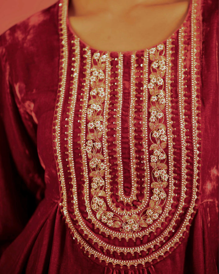 red yoke hand embroidered peplum and dhoti pant