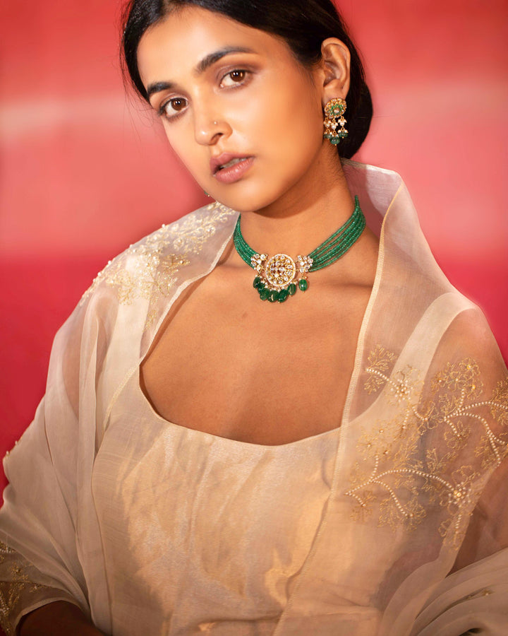 metallic jaal hand embroidered short kurta and sharara set