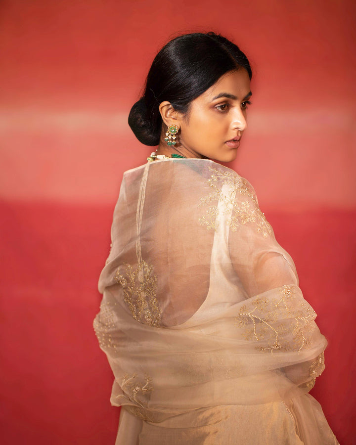 metallic jaal hand embroidered short kurta and sharara set