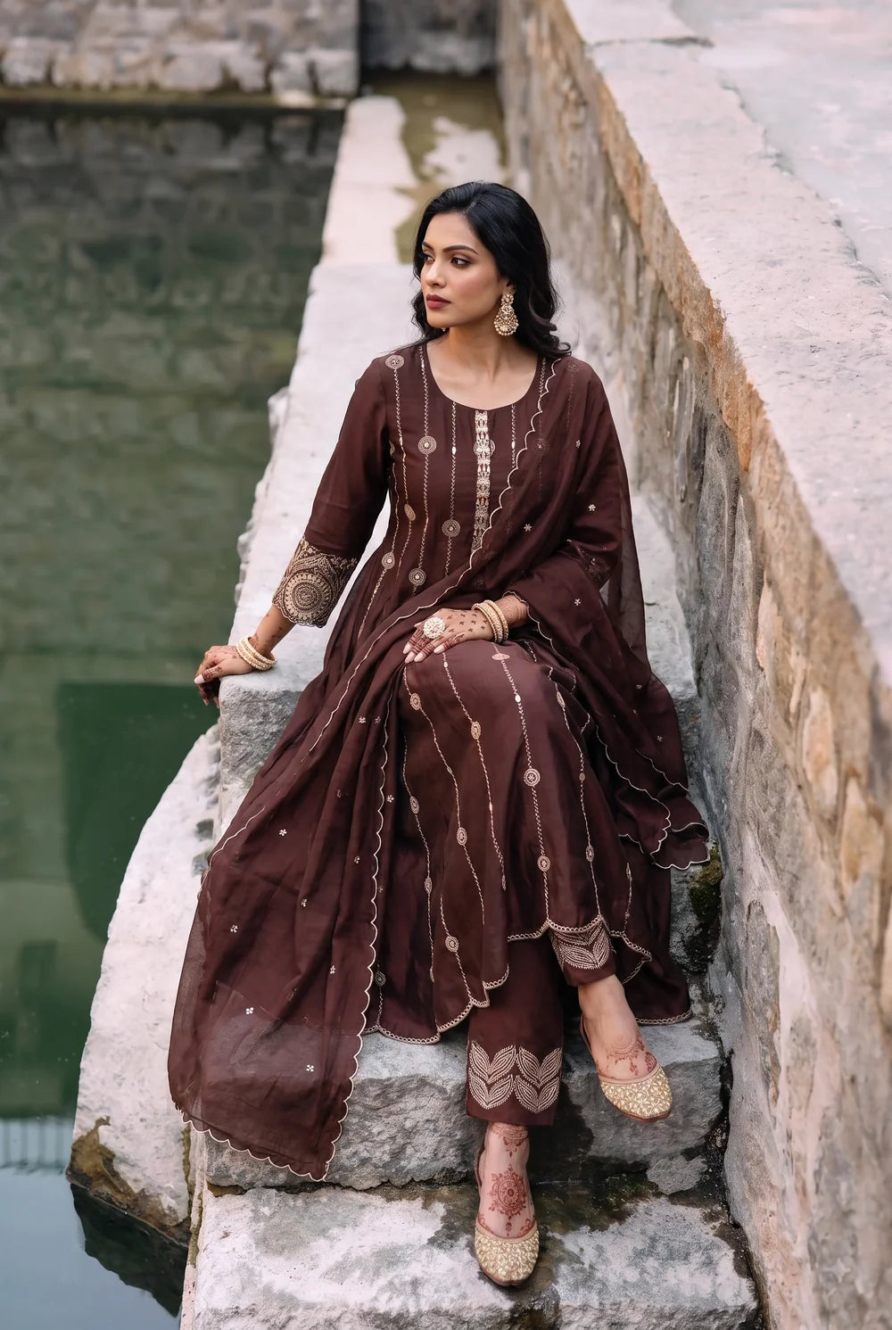Deewani Silk Chanderi Anarkali Set in Coffee Brown