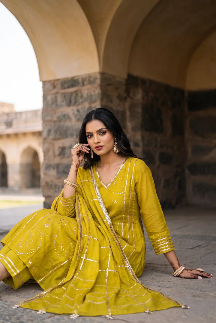 Raha Mul Chanderi Mukaish Anarkali Set in Lime Yellow