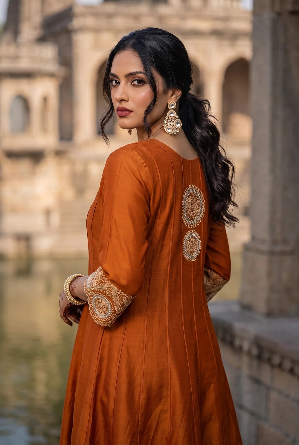Deewani Silk Chanderi Anarkali Set in Burnt Orange