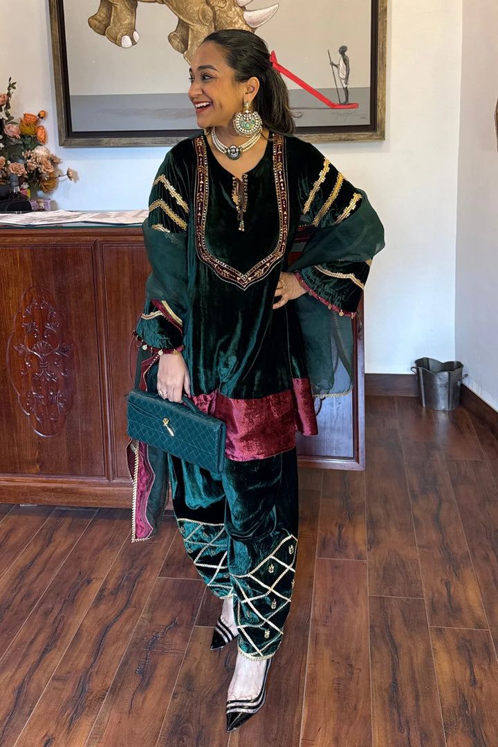 Green Velvet Short Kurta with Farshi Salwar Set