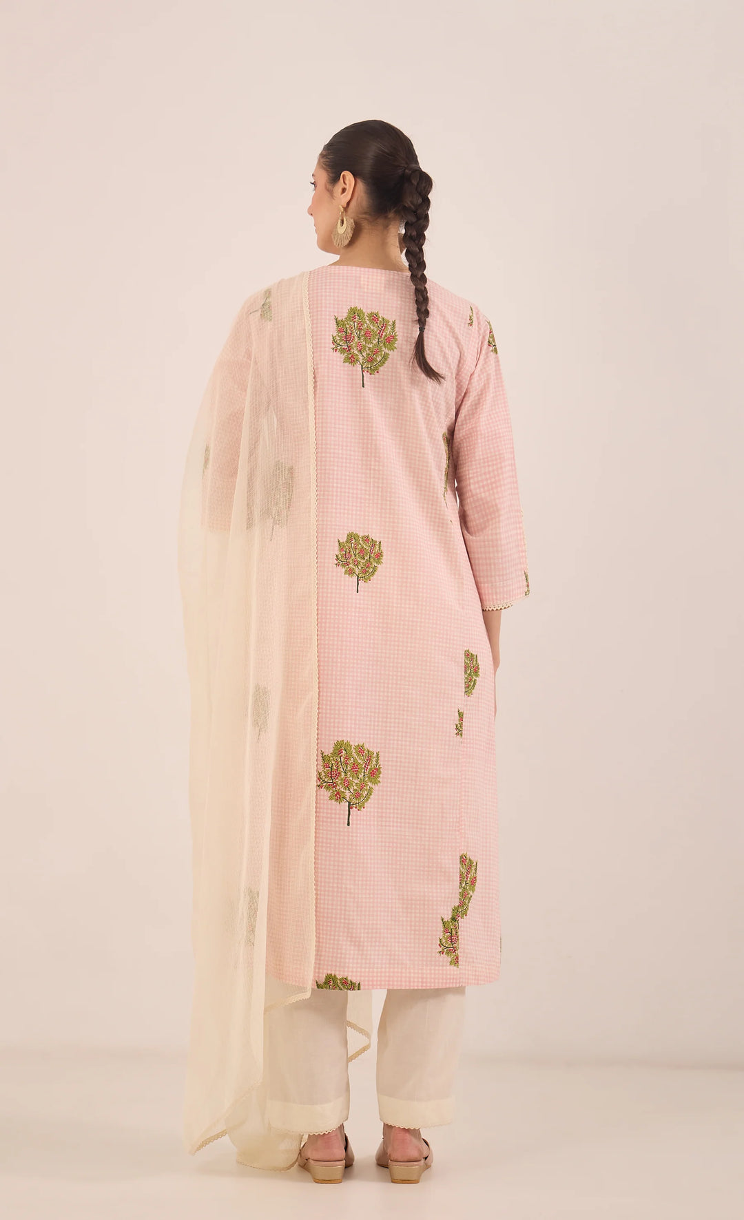 Cotton Check Apple Tree Kurta Set - Pink