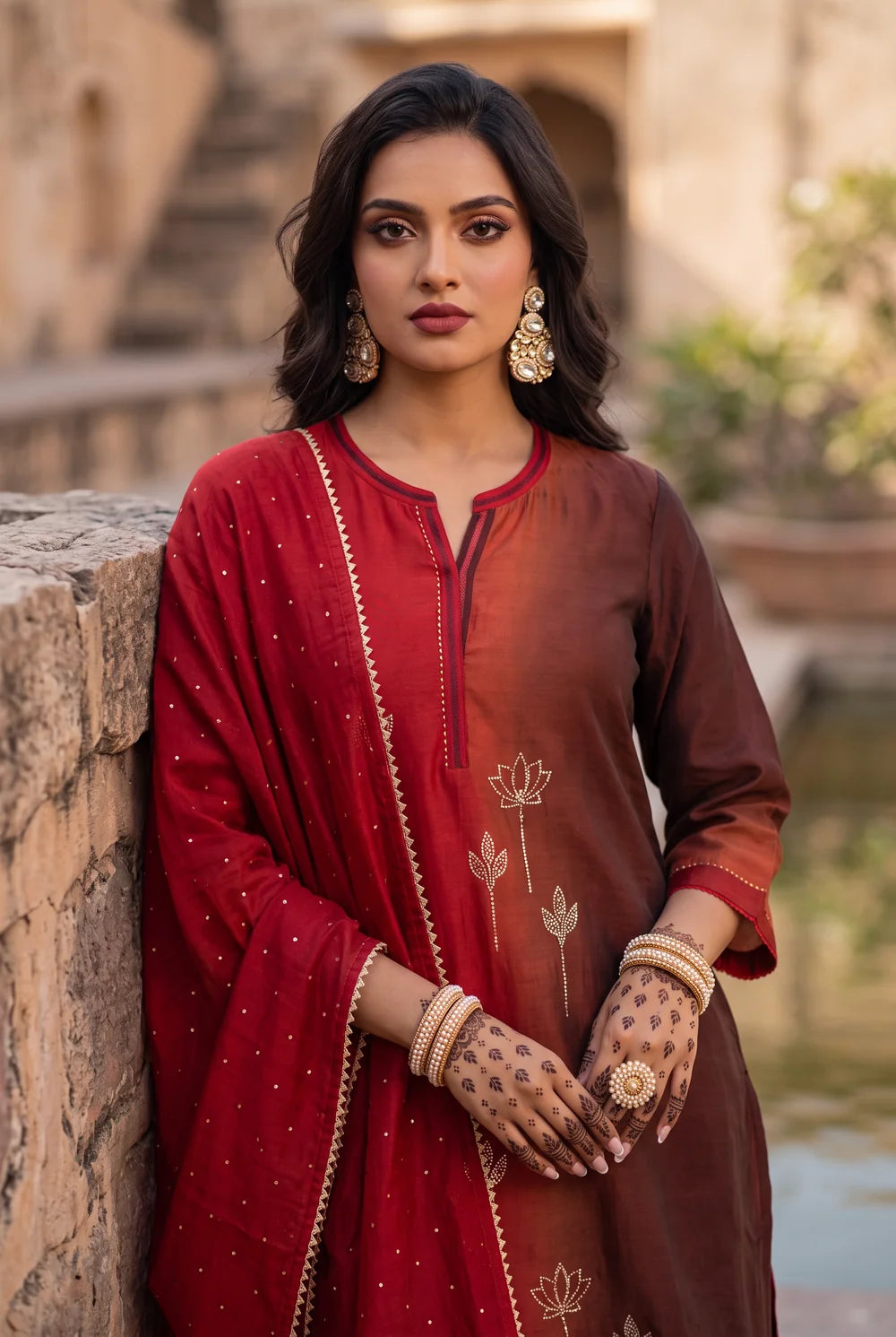 Shvi Silk Chadneri Shaded Kurta Set in Cola Red