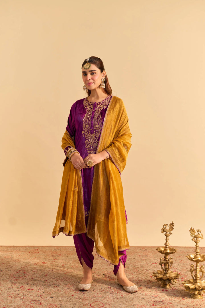 Amal - Velvet Deep Purple A-line Kurta with Dhoti