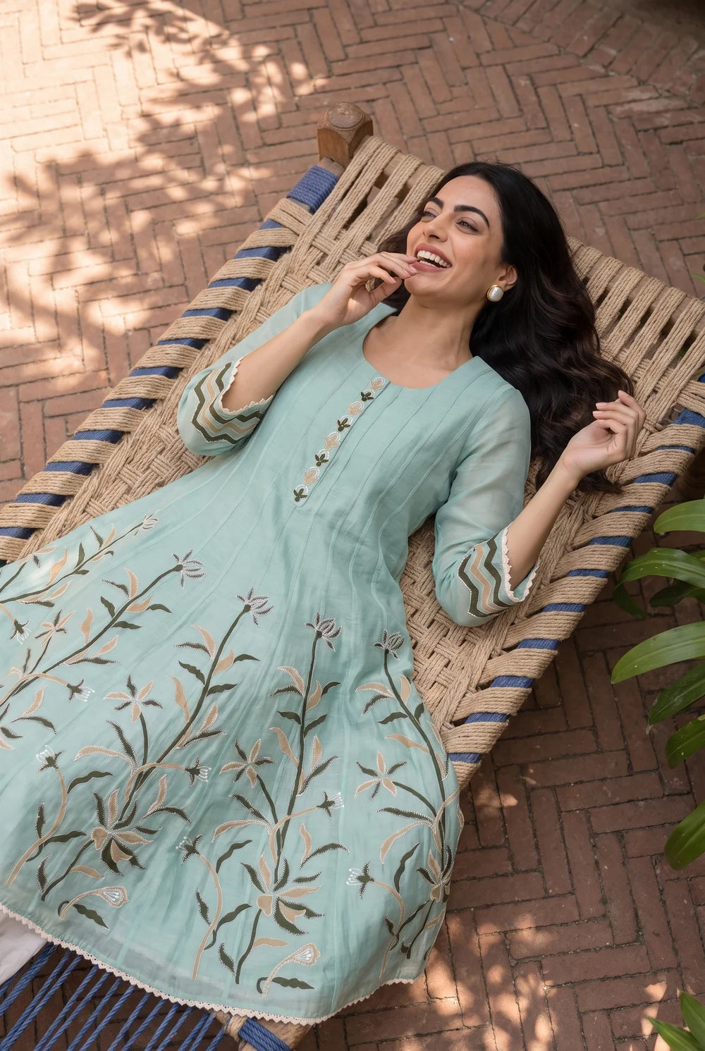 Surkhi Mul Chanderi Anarkali Set in Blue Green