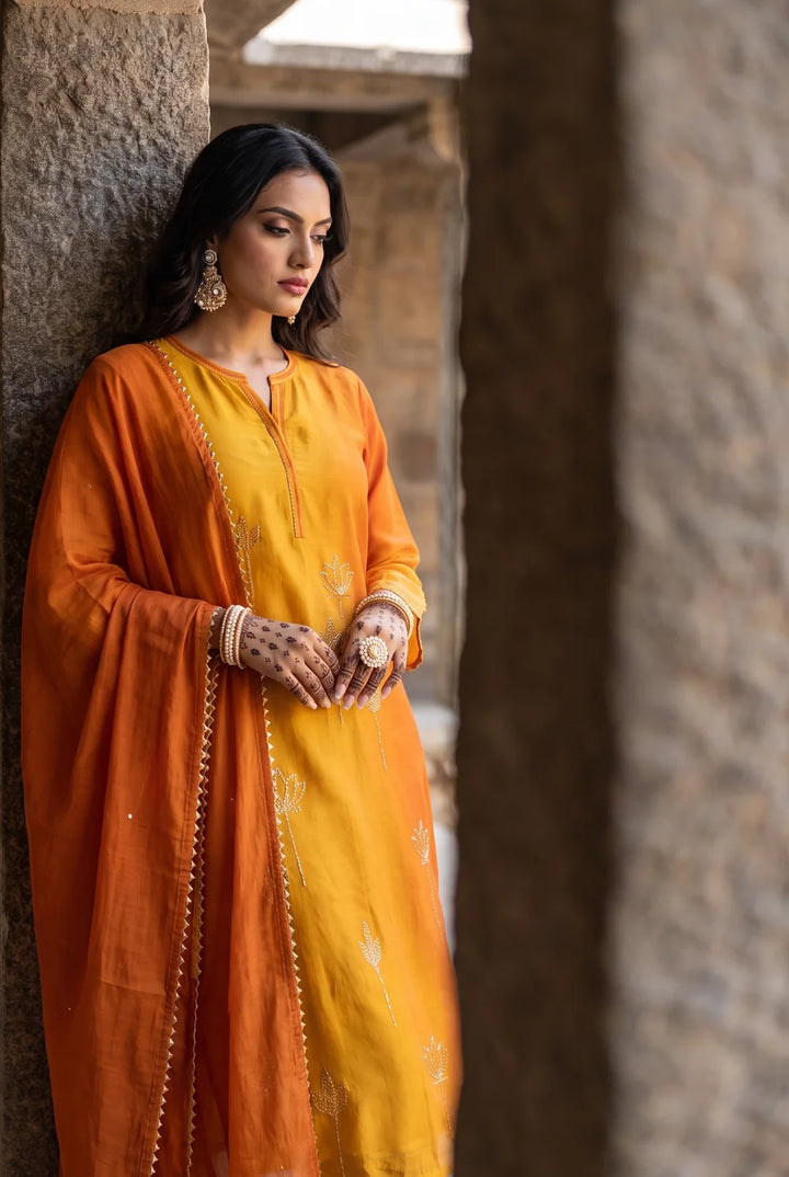 Shvi Silk Chadneri Shaded Kurta Set in Mango