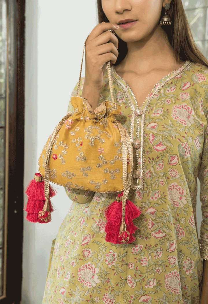 Azalea Yellow And Hot Pink Tassle Potli Bag