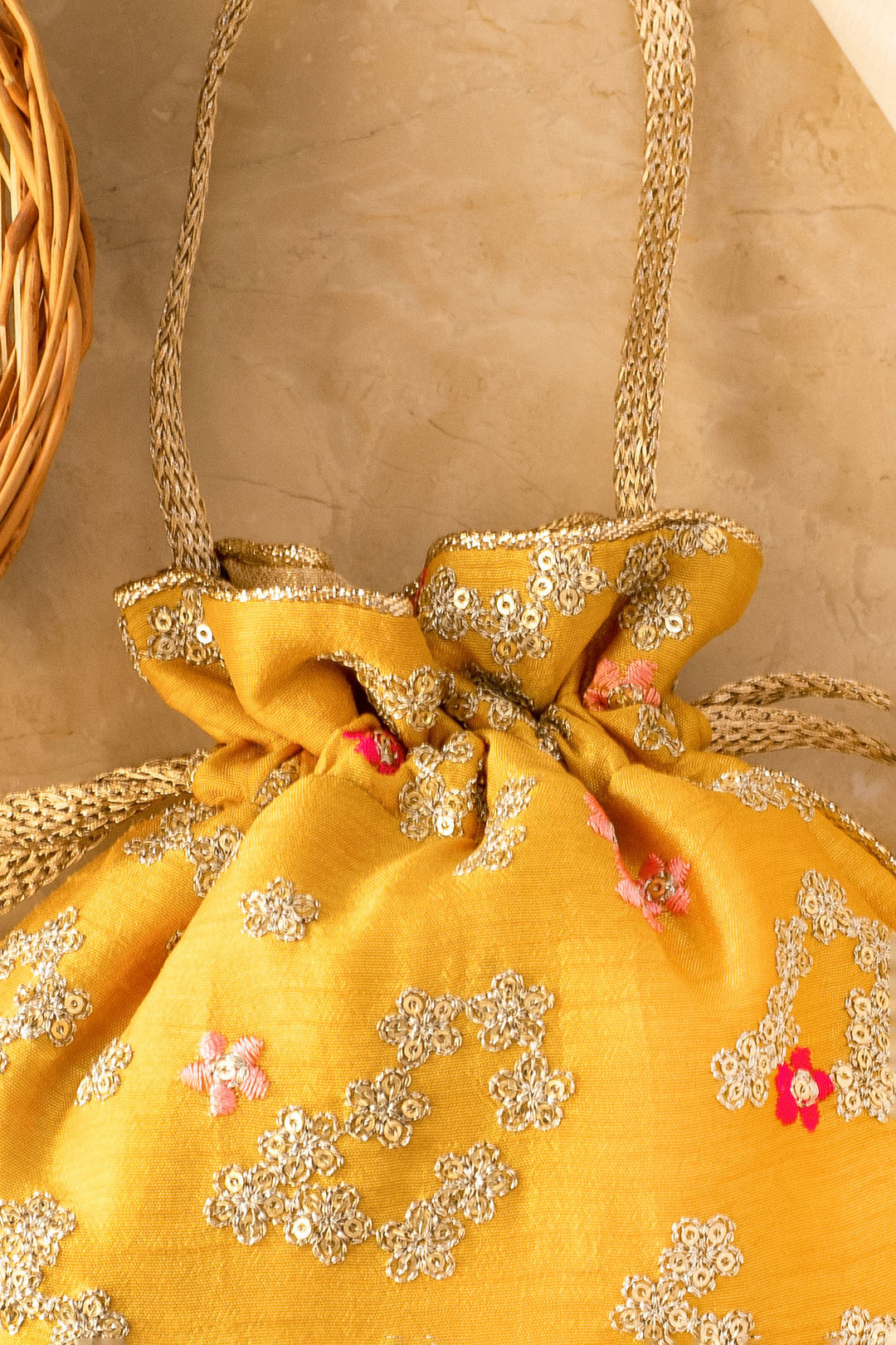 Azalea Yellow And Hot Pink Tassle Potli Bag