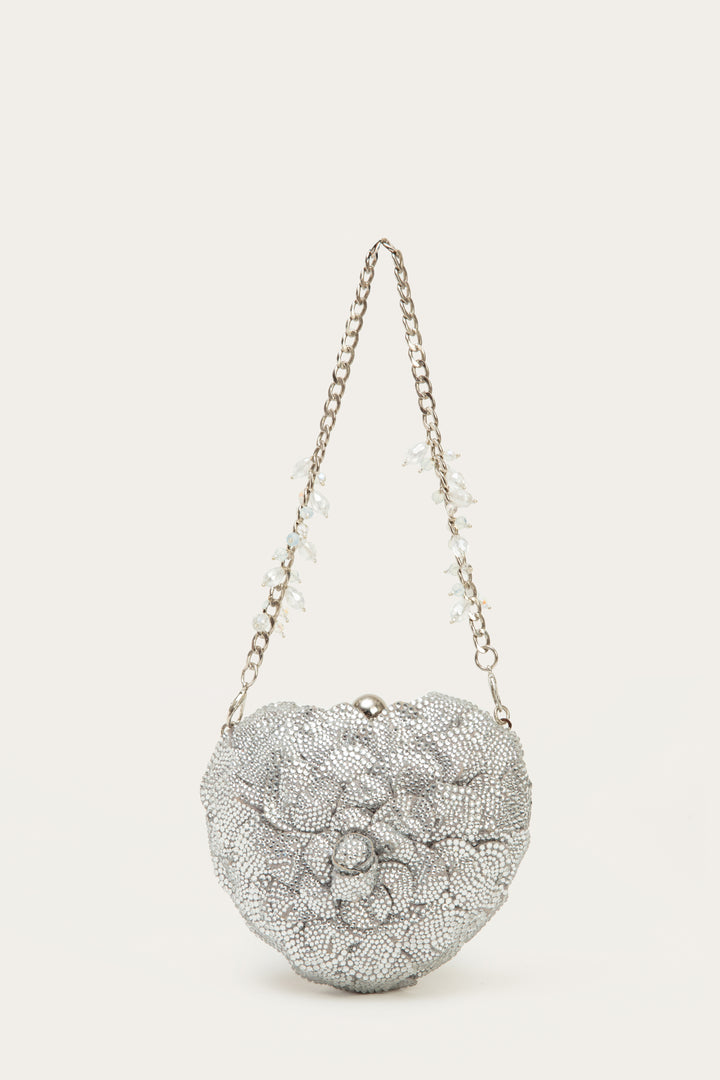 isa crystal heart clutch - silver