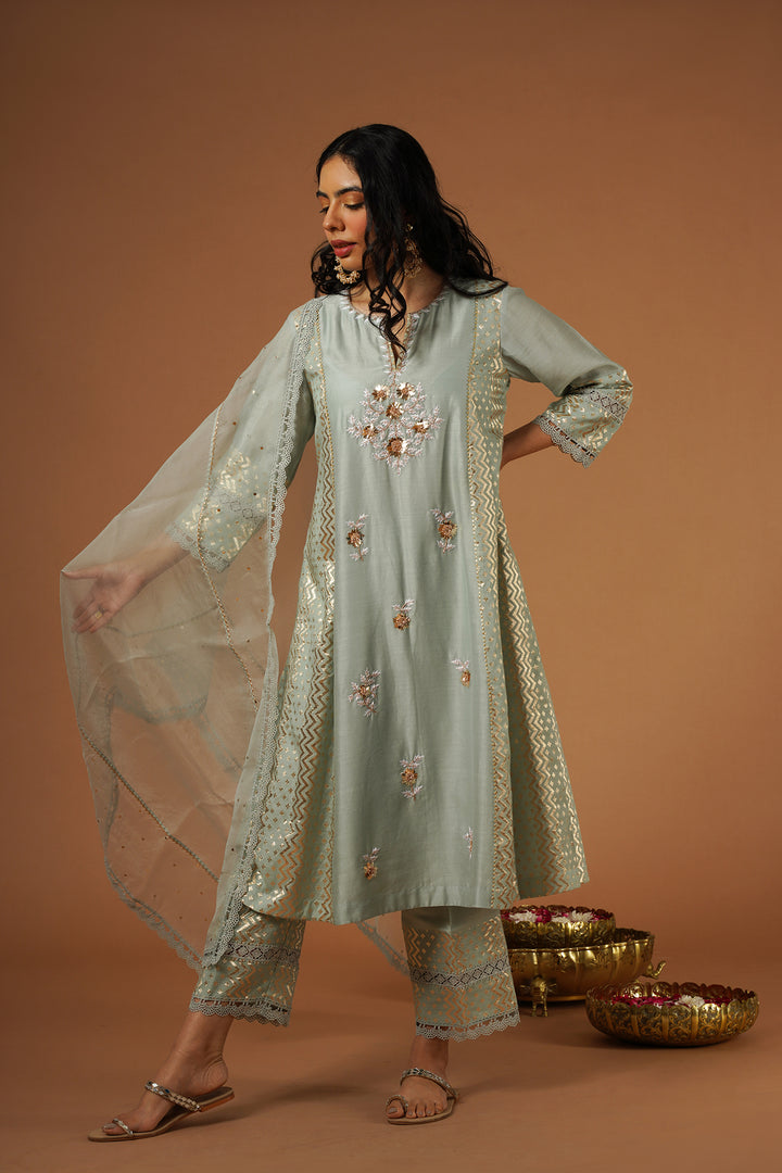 powder blue mukaish embroidered brocade kalidar kurta set