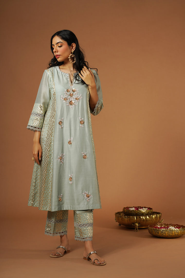 powder blue mukaish embroidered brocade kalidar kurta set