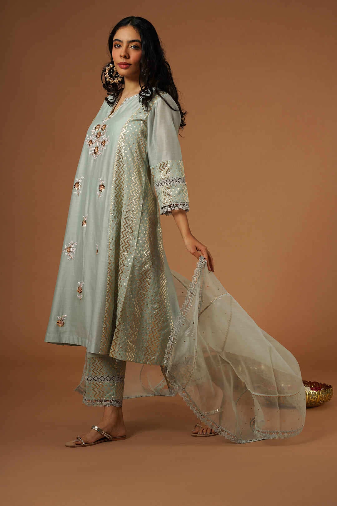 powder blue mukaish embroidered brocade kalidar kurta set