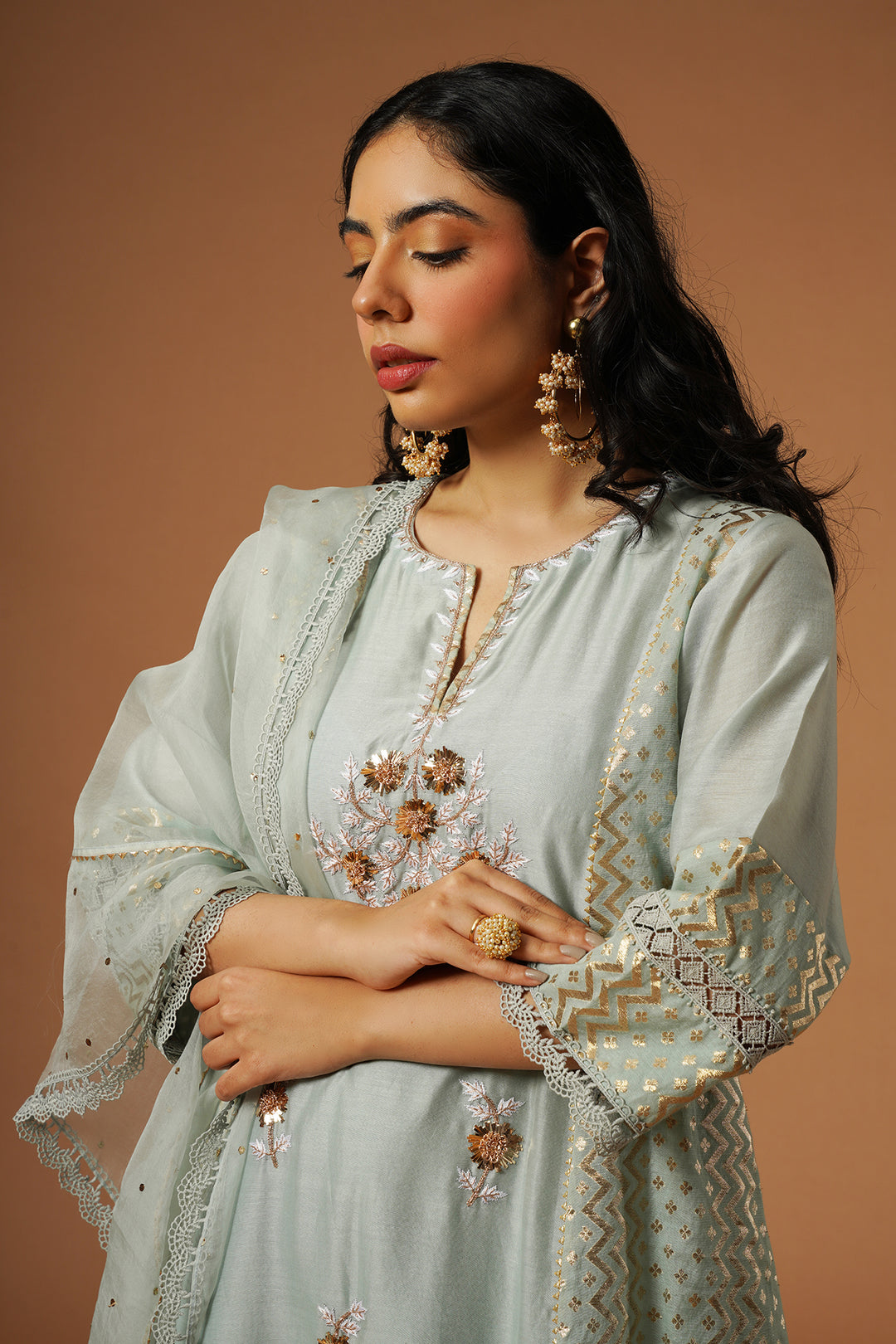 powder blue mukaish embroidered brocade kalidar kurta set