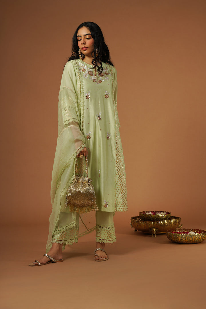 tea green mukaish embroidered brocade kalidaar kurta set