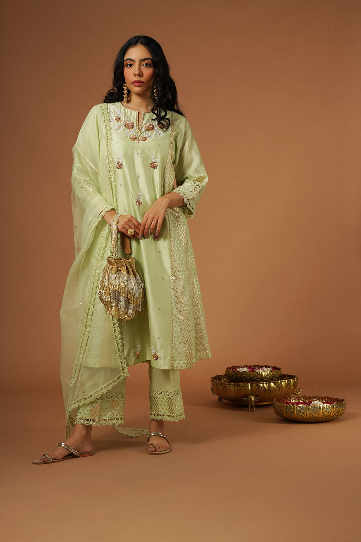 tea green mukaish embroidered brocade kalidaar kurta set