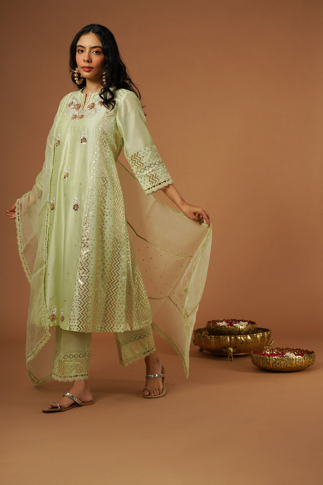 tea green mukaish embroidered brocade kalidaar kurta set