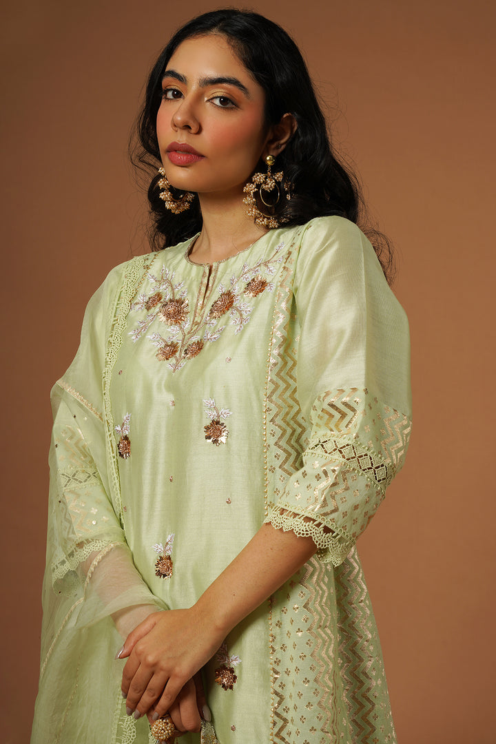 tea green mukaish embroidered brocade kalidaar kurta set