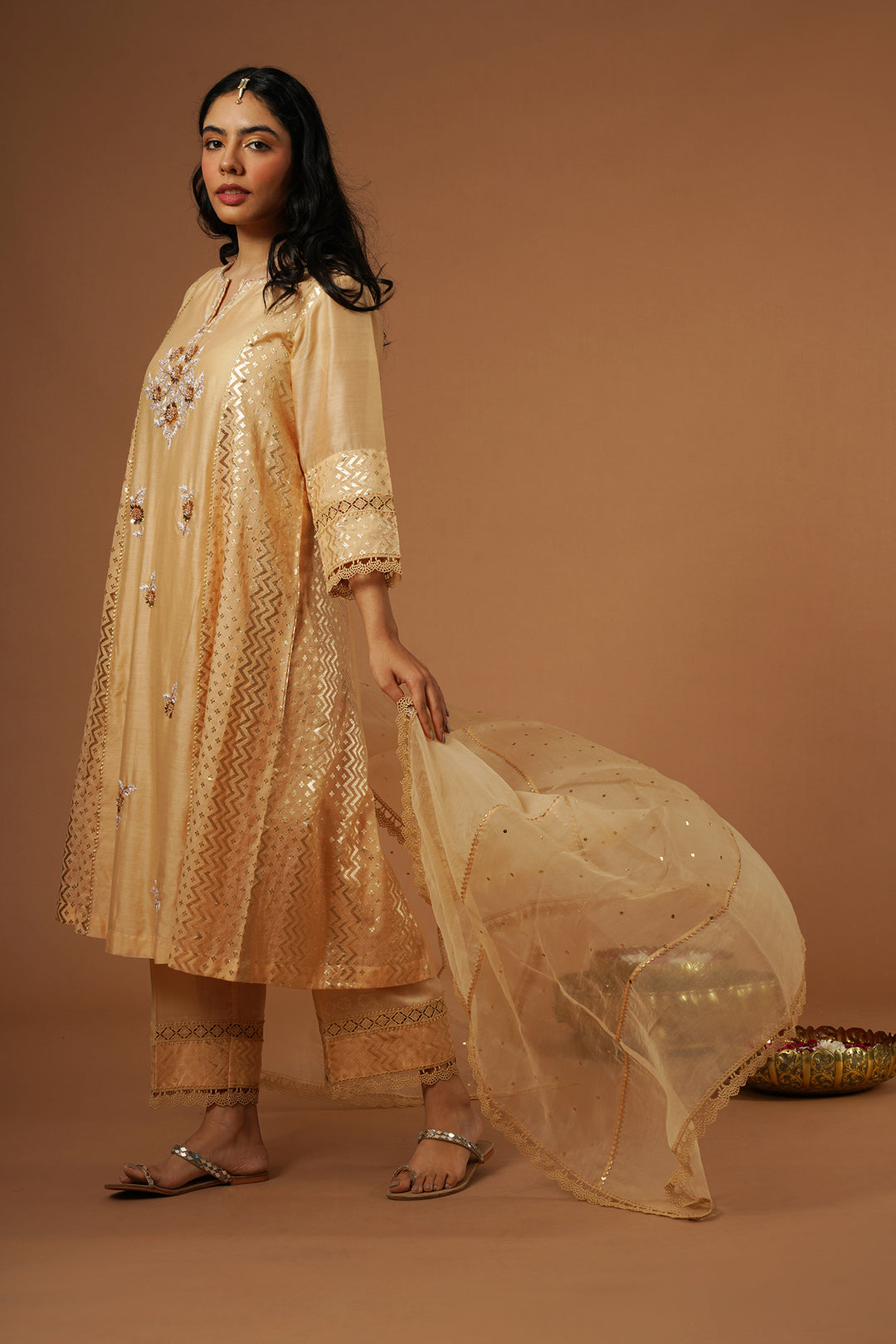 peach mukaish embroidered brocade kalidaar kurta set