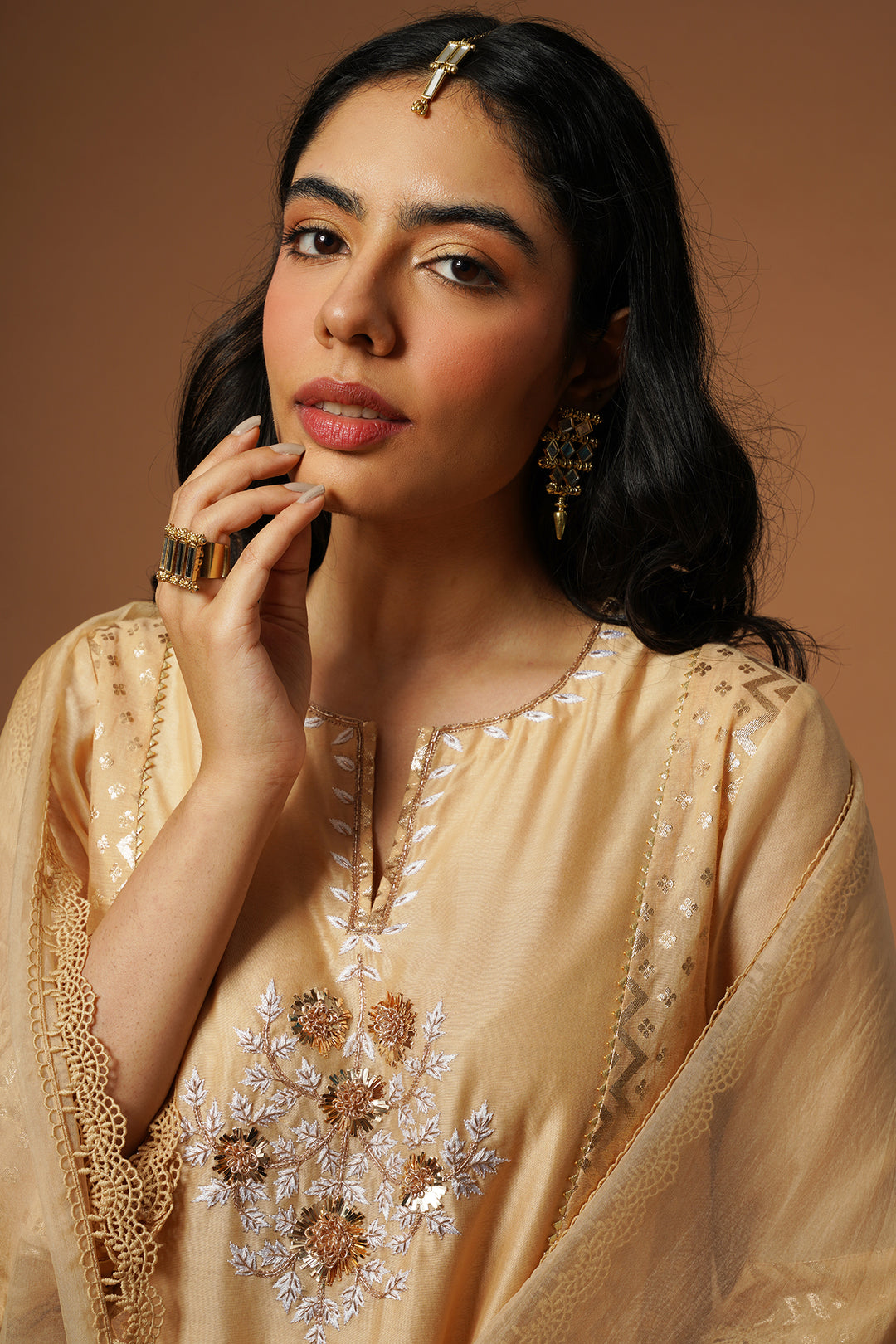 peach mukaish embroidered brocade kalidaar kurta set