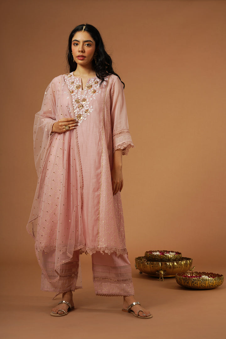 blush pink mukaish embroidered brocade kalidaar kurta set