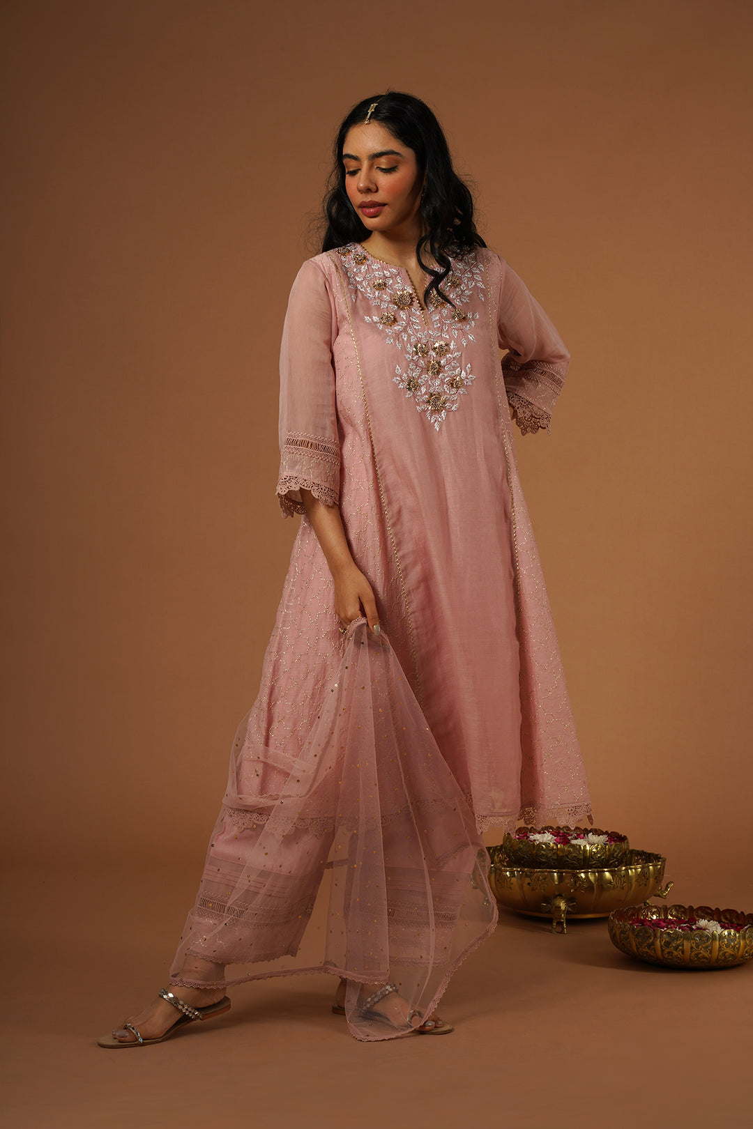 blush pink mukaish embroidered brocade kalidaar kurta set