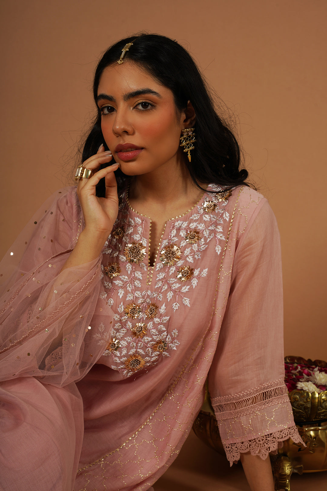 blush pink mukaish embroidered brocade kalidaar kurta set