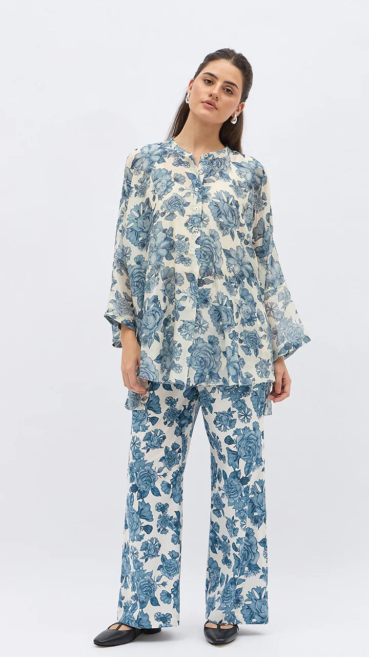 Blue Blossom Flower Namah Tunic With Same Print Pants