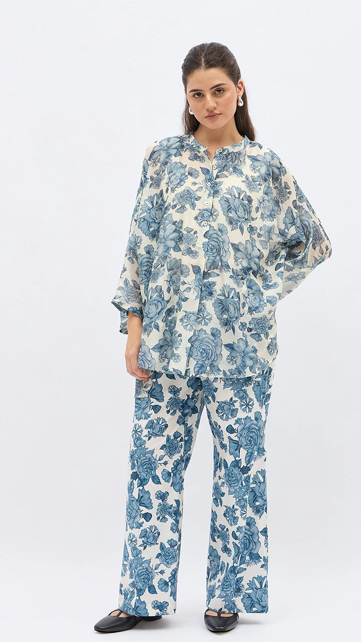 Blue Blossom Flower Namah Tunic With Same Print Pants