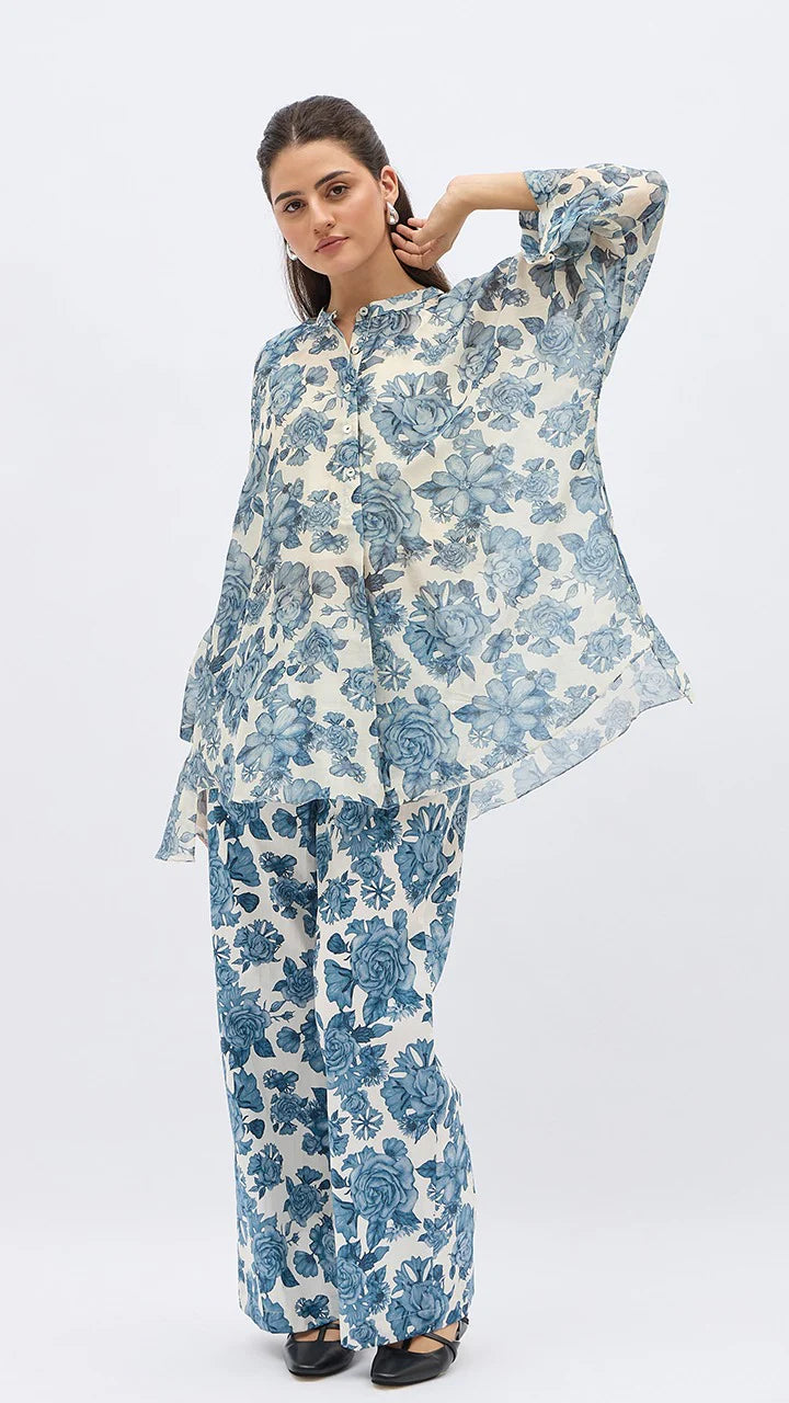 Blue Blossom Flower Namah Tunic With Same Print Pants