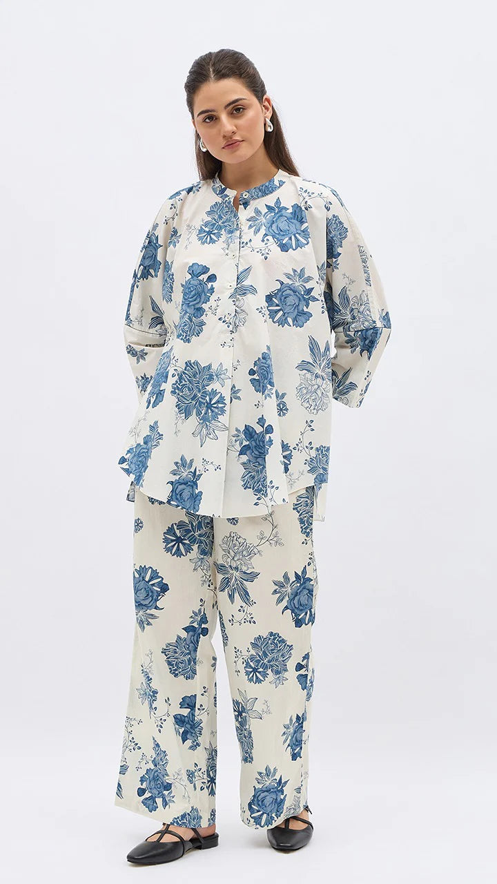Blue Flower Lime Jaal Namah Tunic With Same Print Pants