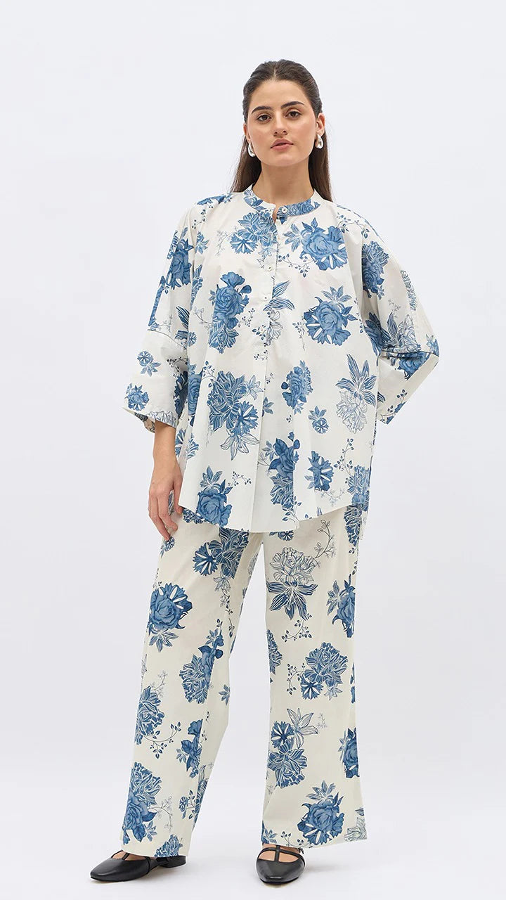 Blue Flower Lime Jaal Namah Tunic With Same Print Pants