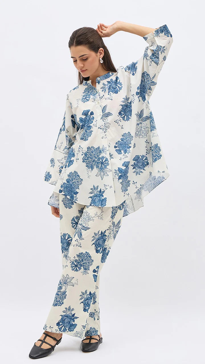 Blue Flower Lime Jaal Namah Tunic With Same Print Pants