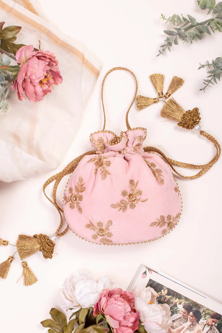 Baby Pink Velvet Embroidered Potli