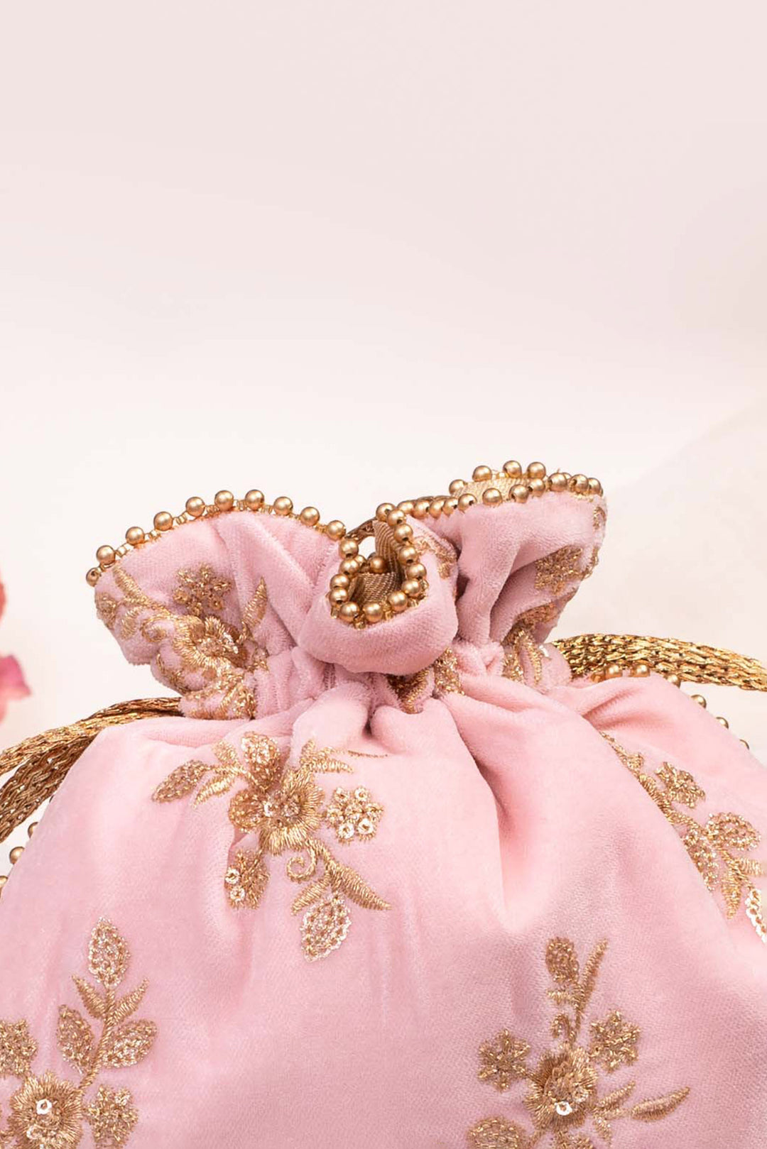 Baby Pink Velvet Embroidered Potli