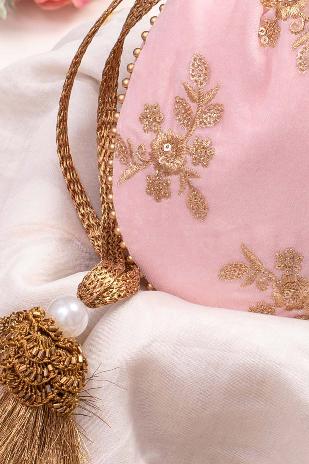 Baby Pink Velvet Embroidered Potli