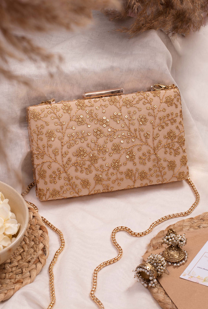 Beige Sequin Embroidered Box Clutch