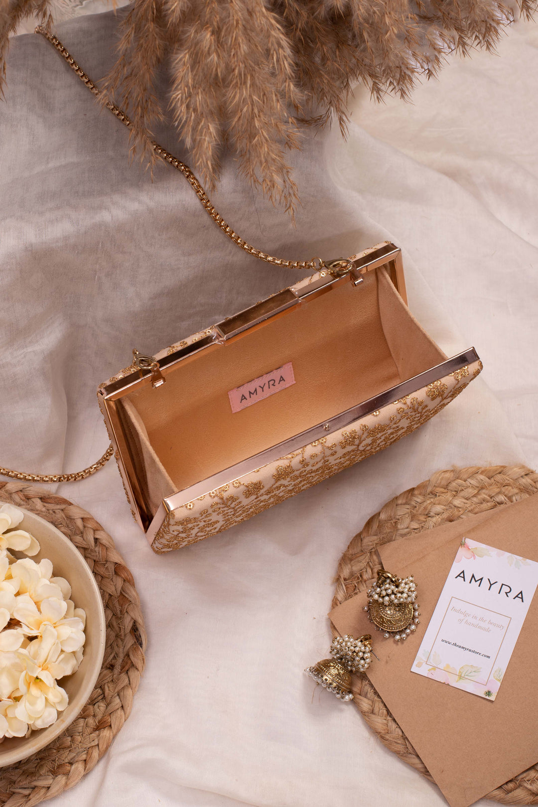 Beige Sequin Embroidered Box Clutch