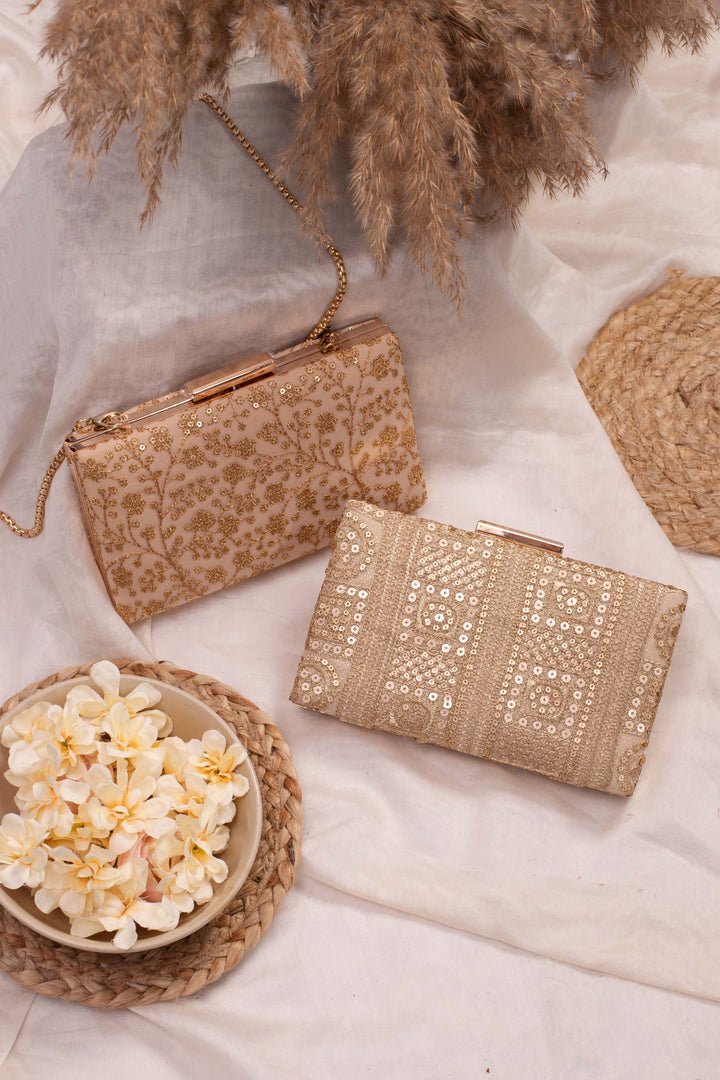 Beige Sequin Embroidered Box Clutch