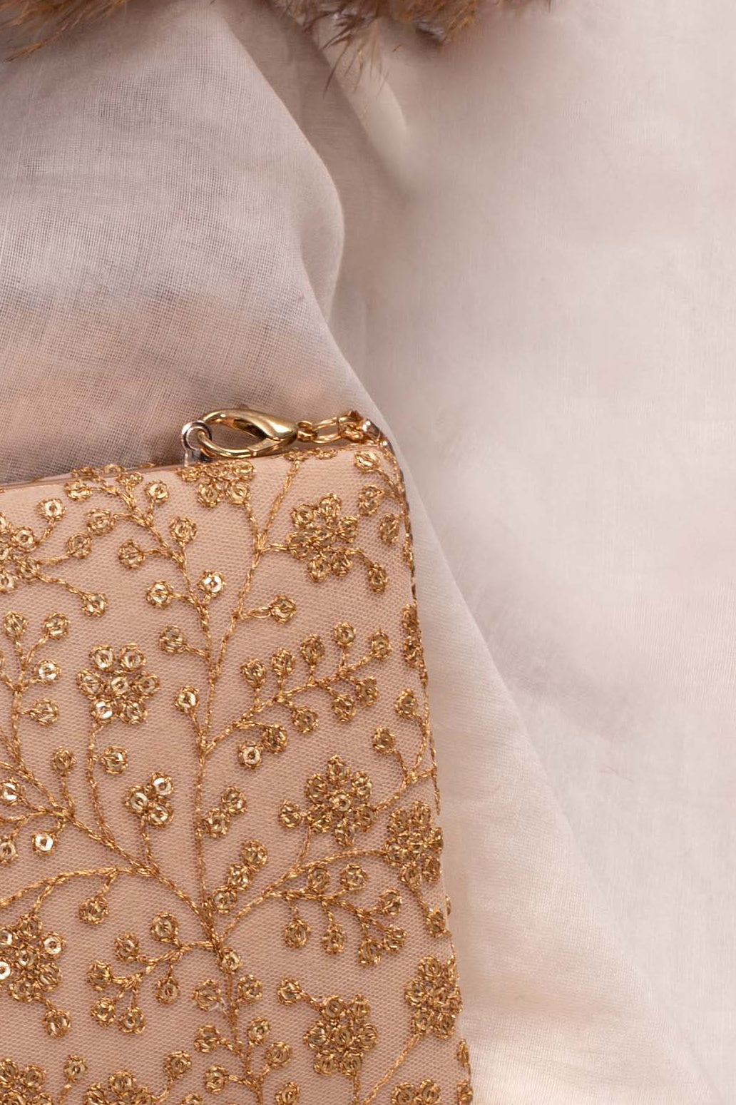 Beige Sequin Embroidered Box Clutch