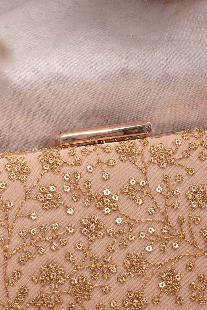 Beige Sequin Embroidered Box Clutch