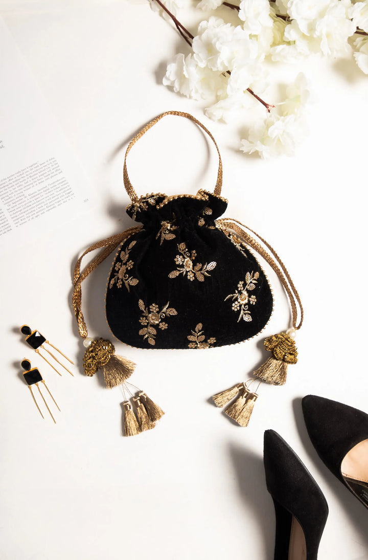 Black Velvet Embroidered Potli Bag