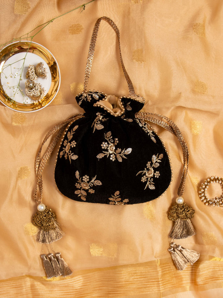 Black Velvet Embroidered Potli Bag